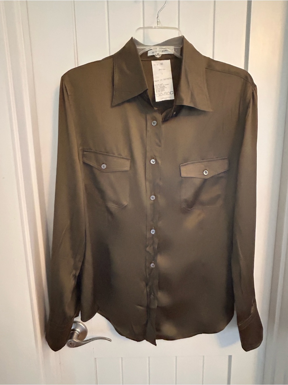 VTG Rene Lizard 100% Silk Classic Long-Sleeve Button-Up Shirt Olive Sz 10